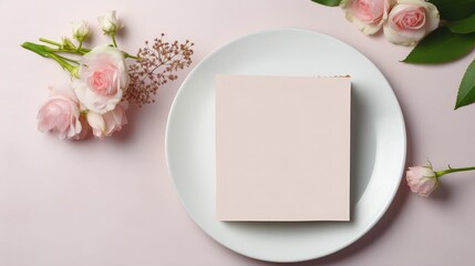 Greeting card mock up. Blank paper invitation, craft envelope on ceramic plate isolated on white table background. top view