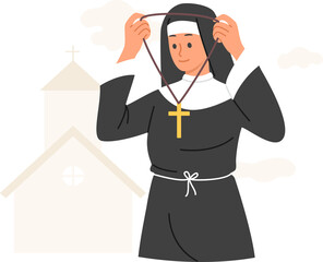 Woman nun in religious cassock wears necklace with christian cross going to worship in church. Young girl nun working in catholic church and helping people who came to temple for blessings