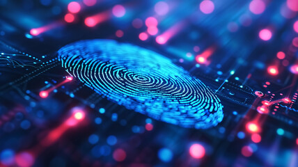 Close-up of a fingerprint pattern on a glowing digital circuit board, concept for cybersecurity and biometrics.
