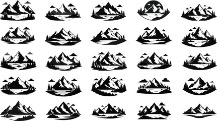 Black Wild natural landscape with mountains, lake, rocks. Illustration converted to vector. Great for travel ads, brochures, labels, flyer décor, apparel, t-shirt print. Vector illustration