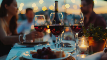 Happy people drinking red wine sitting at restaurant table - Young people of various nationalities enjoying dinner on rooftop together - Food and drink concept with man and woman having dinner - obrazy, fototapety, plakaty
