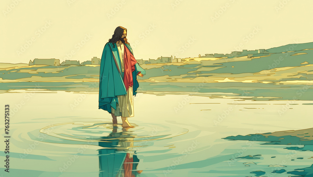 Wall mural a digital illustration of jesus walking on water