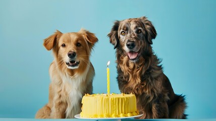 Dogs celebrating with birthday cake, party hat and confetti. Creative animal poster. 