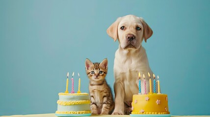 Dog and cat celebrating with birthday cake, party hat and confetti. Creative animal poster. 