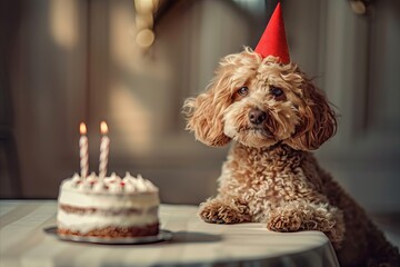 Dog celebrating with birthday cake, party hat and confetti. Creative animal poster. 