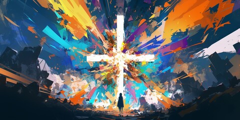 A digital painting of an abstract cross, with vibrant colors and dynamic shapes surrounding it. 