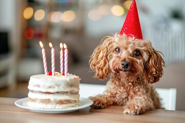 Happy small dog wearing birthday hat and celebrating with birthday cake next to him.