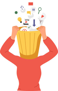 Garbage clogging woman brain, from multimedia icons above head with trash can. Concept of importance of meditation and brain cleansing to avoid burnout caused by overabundance of information