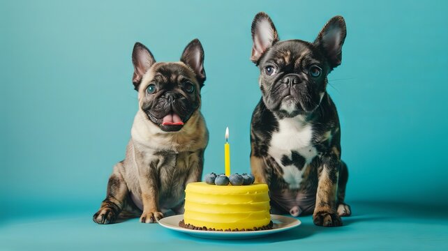 Dogs celebrating with birthday cake, party hat and confetti. Creative animal poster. 