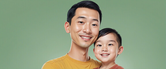 Illustration of asian father with his little son, on green background - obrazy, fototapety, plakaty