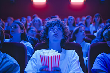 audience member is engrossed in the cinematic experience, surrounded by a sea of blue light. The anticipation is palpable as he grips a tub of popcorn, completely absorbed by the big screen adventure