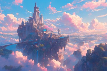 A dreamy castle floating among pink and blue clouds, fantasy world