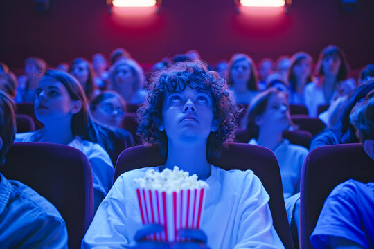 audience member is engrossed in the cinematic experience, surrounded by a sea of blue light. The anticipation is palpable as he grips a tub of popcorn, completely absorbed by the big screen adventure