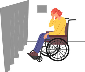 Woman sits on wheelchair and cries, being alone near window, feeling inferior and abandoned due to lack of help. Girl on wheelchair lost opportunity to walk in park after getting into car accident