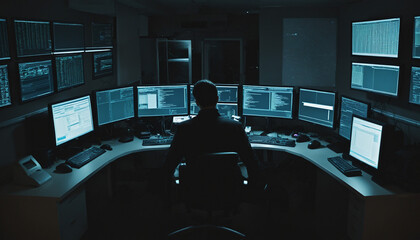 Hacker man data programer working on computers many monitors screen alone in dark room, rear view