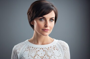 Adult attractive woman with short dark hair and gray bright eyes in white clothes looking directly at the frame, blurred dark background, close-up, banner