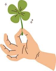 Fototapeta na wymiar Clover in hand of man who picked plant and made wish to achieve good luck and fortune. Green quatrefoil clover symbolizes holiday of Saint Patrick Day promising growth or prosperity