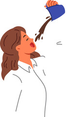 Woman office clerk drinks lot of coffee to gain energy and do enough work to get new position. Businesswoman pours coffee from mug into mouth, restoring strength during short break between meetings