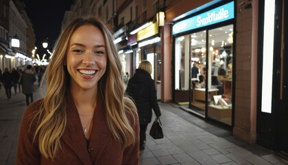 smiling greeting woman laugh smiling enjoy night lifestyle travel in urban downtown walking street shopfront store at night