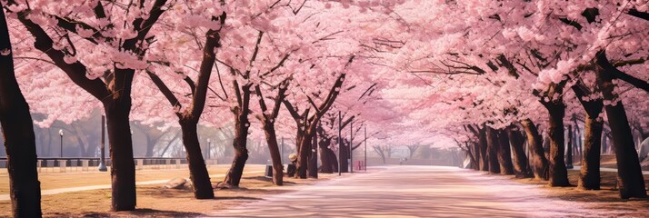 Sunny day in serene sakura garden with blossoming trees, falling petals, and peaceful pathway. Banner