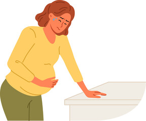 Pregnant woman holds stomach, standing near cabinet, experiencing pain due to complications caused by fetal development disorders. Pregnant girl needs hospitalization to avoid miscarriage