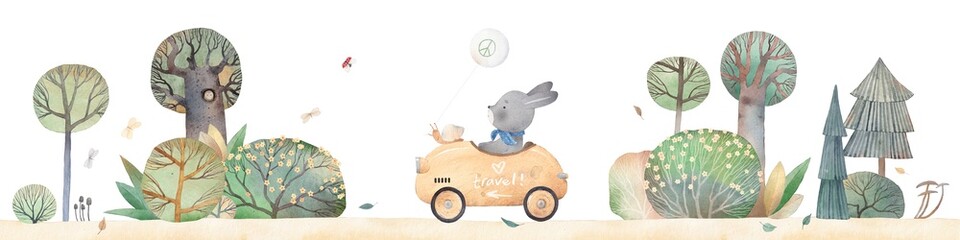 Bunny rides in a yellow sports car. Watercolor illustration. Children's decor. Landscape with car and flower bushes. - 763276368