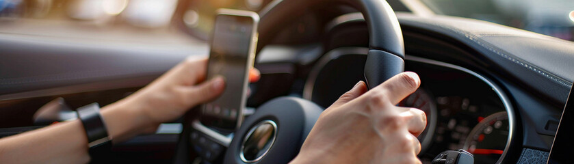 A pair of hands gripping a sleek silver steering wheel while a phone sits nearby