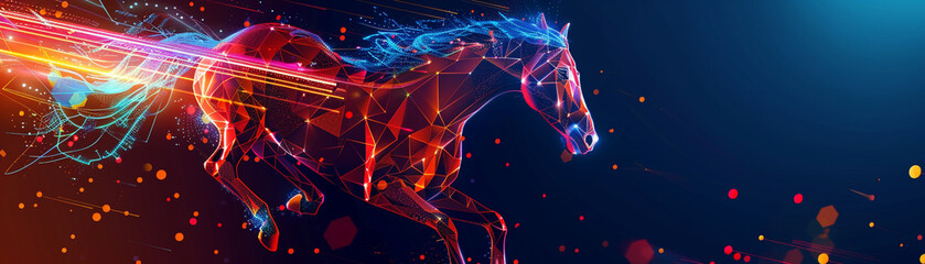A powerful horse racing through a digital world of neon lights and geometric shapes - obrazy, fototapety, plakaty