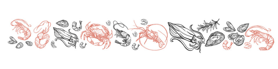 Hand drawn isolated vector set of seafood. Shrimps, langoustines, prawns, salmon, trout, oysters, mussels, squid, crab. Food vintage illustration and template on a white background.
