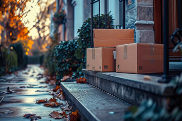 Few boxes are sitting on porch one of which is addressed to Zac Bowlling. - obrazy, fototapety, plakaty