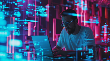 A programmer examining intricate code on a laptop in a unique futuristic setting