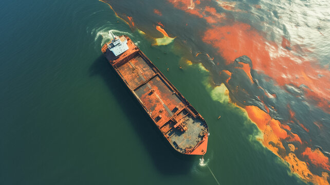 Aerial view of Chemical Tanker ship spills oil in the ocean, global pollution concept.

