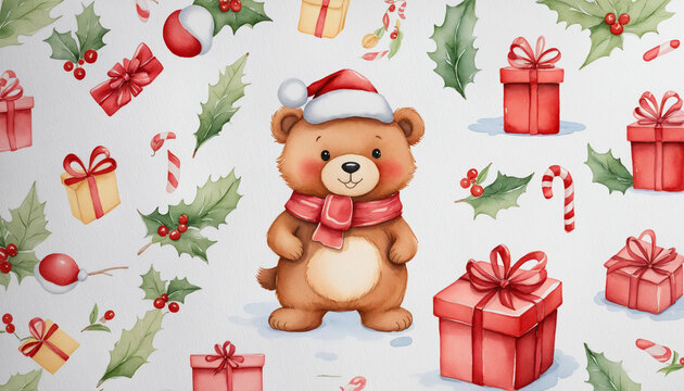 Christmas bear with gifts watercolor hand drawn illustration greeting card
