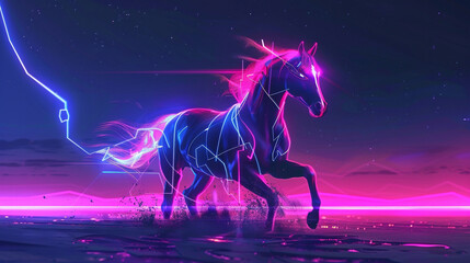 A stylized horse with a glowing electric aura set against a minimalist geometric backdrop