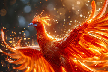 Image of bird with orange and red feathers is captured in close up. - obrazy, fototapety, plakaty