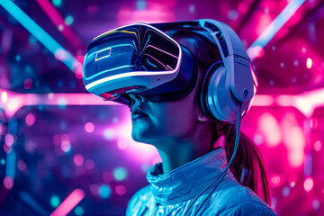 Woman with headphones on her head and virtual reality visor. - obrazy, fototapety, plakaty