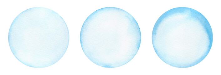 A set of watercolor circles, bubbles in pastel shades, isolated on a white background, hand-drawn. Round light blue blank backgrounds. A decorative element for decoration, design with a place for text