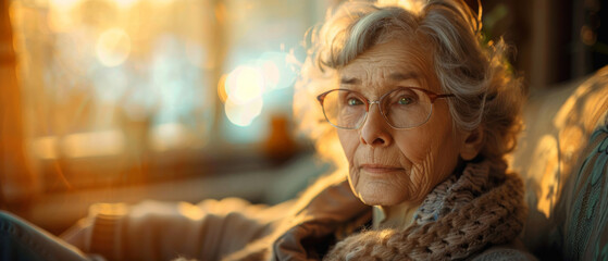 Portrait thinking and senior woman in retirement home, reflection and remembering past life. Elderly, relax and contemplating future or memory, nostalgia and wellness with golden background - obrazy, fototapety, plakaty
