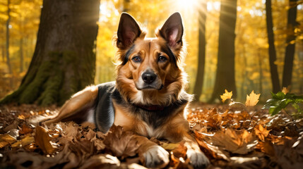 Dog lays in bed of leaves with sunlight shining on it.