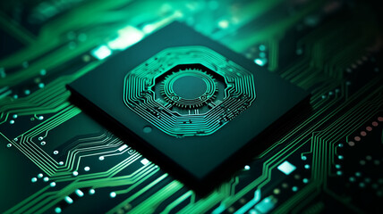 A close-up of a high-tech circuit board with illuminated neon green traces and futuristic design, symbolizing cutting-edge technology.
