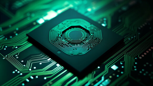 A close-up of a high-tech circuit board with illuminated neon green traces and futuristic design, symbolizing cutting-edge technology.
