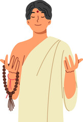 Asian muslim man in traditional ethnic clothing prays and meditates, holding rosary in hands. Muslim guy from countries of pan-asian region with dot on forehead, smiles and closes eyes