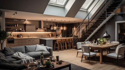 A large, modern living room with a kitchen and dining area. The kitchen has a large island and a bar. The living room has a couch and a coffee table with a vase on it - obrazy, fototapety, plakaty