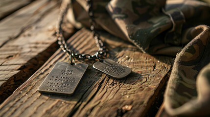 Create a unique interpretation of a soldiers dogtag engraved with meaningful symbols or initials