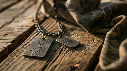 Fotobehang Create a unique interpretation of a soldiers dogtag engraved with meaningful symbols or initials © Bordinthorn