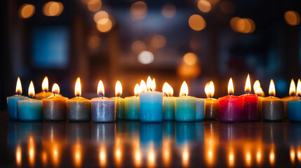 Group of blue and pink candles are lit in row. - obrazy, fototapety, plakaty
