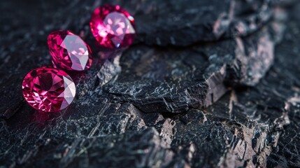 The dark pink gemstone jewelry cut with dark stone background. Natural loose pink sapphire gemstone on black coal background, Collection of natural gemstone genuine mined natural pink sapphire oval.