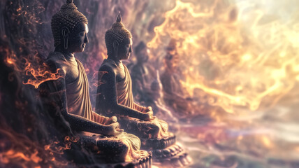Statues of Buddha are enveloped in a mystical fiery glow, symbolizing enlightenment and serenity amidst chaos.
