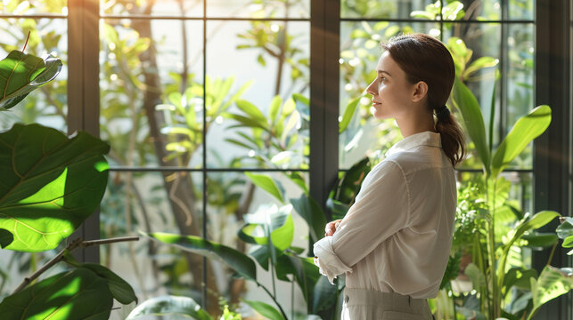 Develop a unique backdrop background inspired by a businesswomans love for nature incorporating elements like plants and natural light