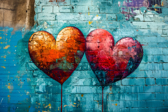 Wall with two hearts and balloons painted on it.